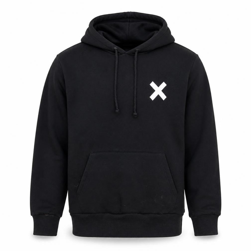 Front view of Collusion Men's Black Pullover Hoodie S Regular Fit Graphic Streetwear