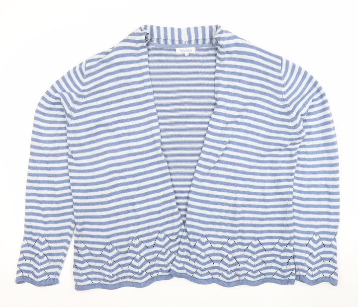 Tulchan Women's Blue Striped Cotton Open-Knit Cardigan 2XL