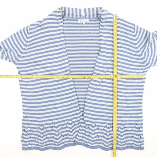 Tulchan Women's Blue Striped Cotton Open-Knit Cardigan 2XL