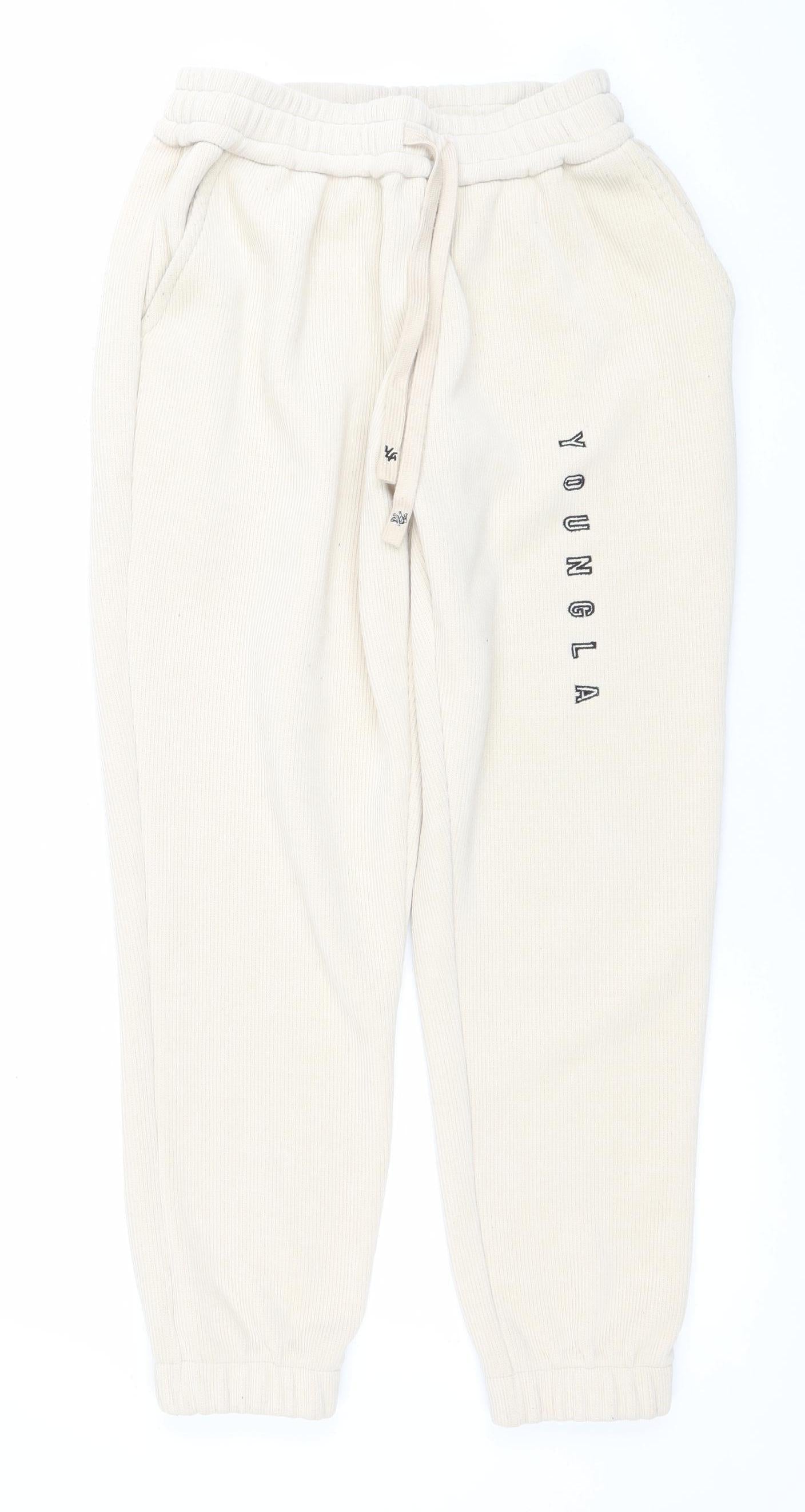 YoungLA Womens Beige Jogger Trousers Size S Elastic Waist Ribbed Cotton Blend