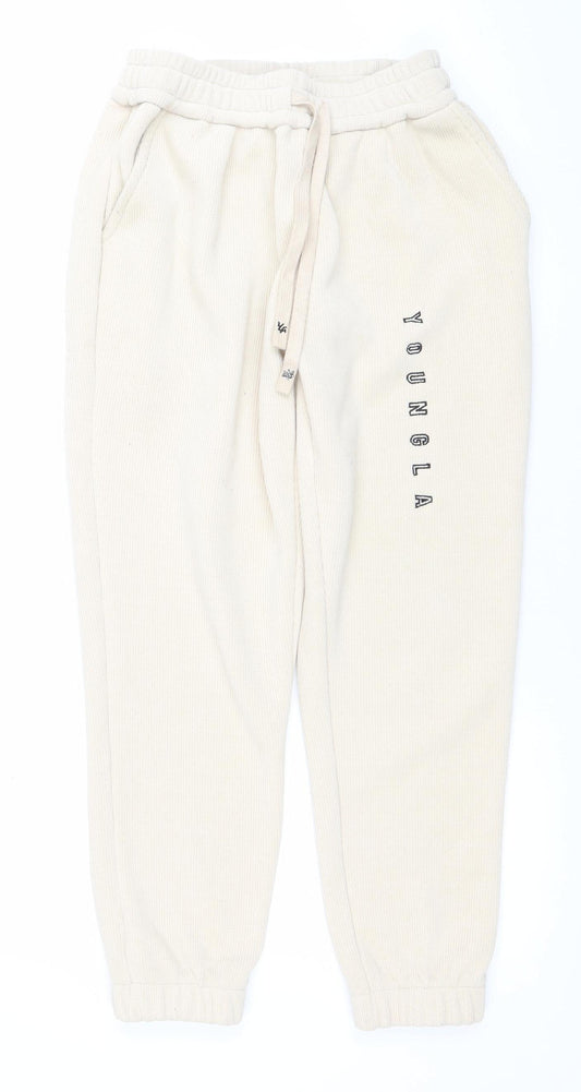 YoungLA Womens Beige Jogger Trousers Size S Elastic Waist Ribbed Cotton Blend