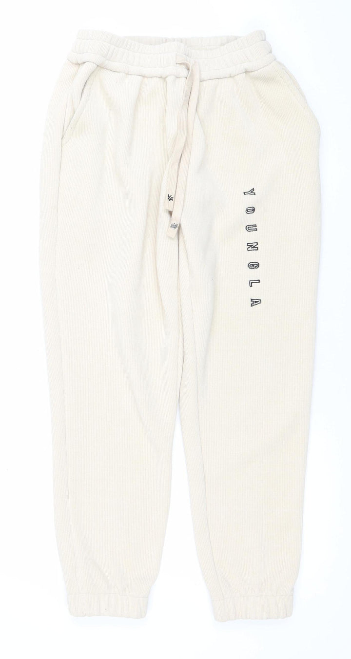 YoungLA Womens Beige Jogger Trousers Size S Elastic Waist Ribbed Cotton Blend