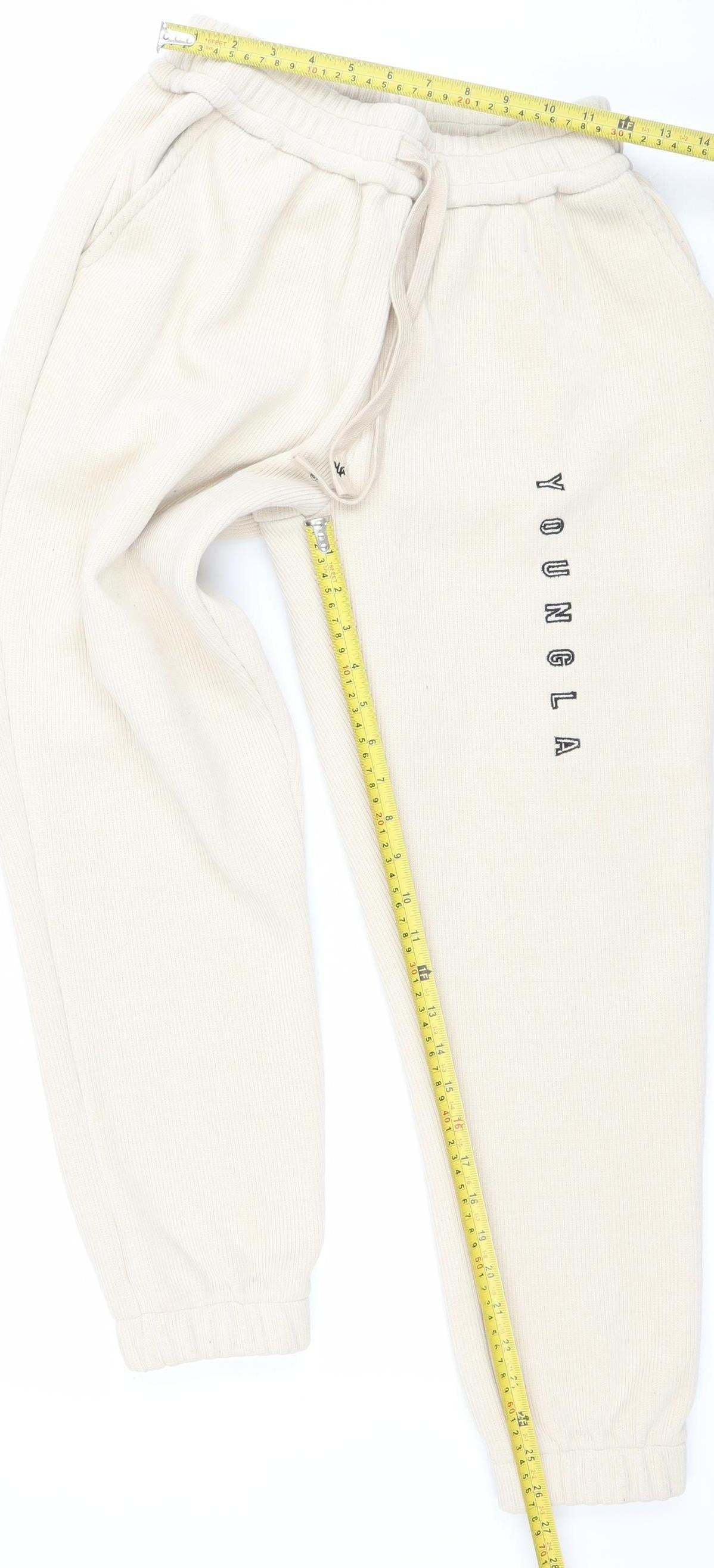 YoungLA Womens Beige Jogger Trousers Size S Elastic Waist Ribbed Cotton Blend