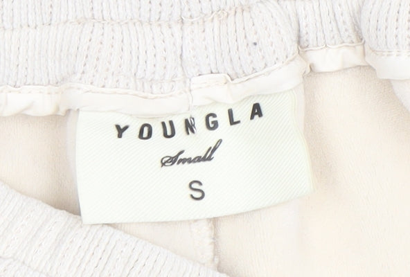 YoungLA Womens Beige Jogger Trousers Size S Elastic Waist Ribbed Cotton Blend