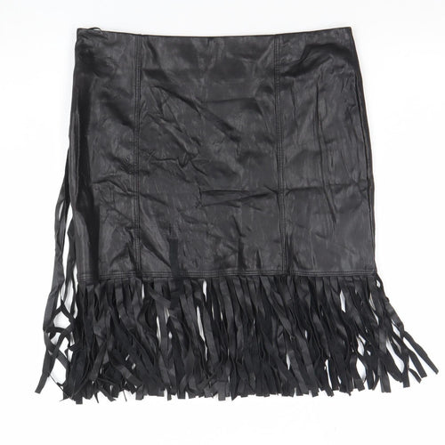 River Island Womens Black Faux Leather Fringe Mini Skirt Size 10