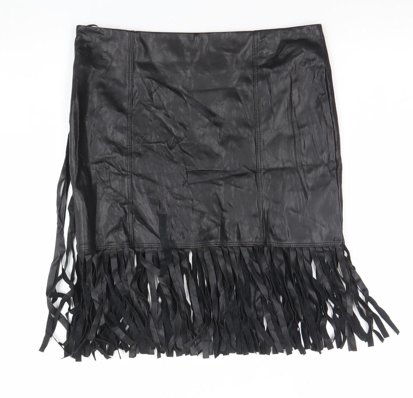 River Island Womens Black Faux Leather Fringe Mini Skirt Size 10