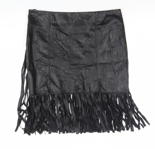River Island Womens Black Faux Leather Fringe Mini Skirt Size 10
