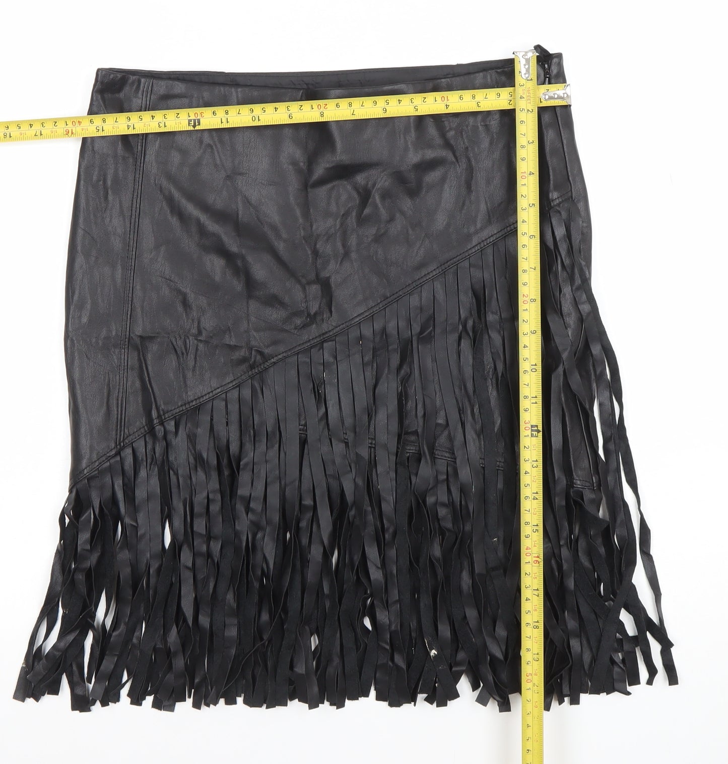 River Island Womens Black Faux Leather Fringe Mini Skirt Size 10