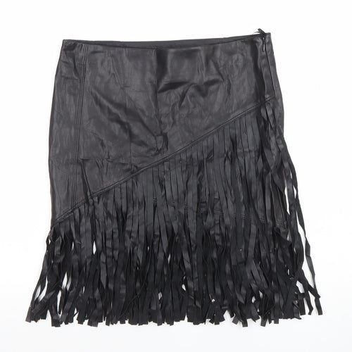 River Island Womens Black Faux Leather Fringe Mini Skirt Size 10