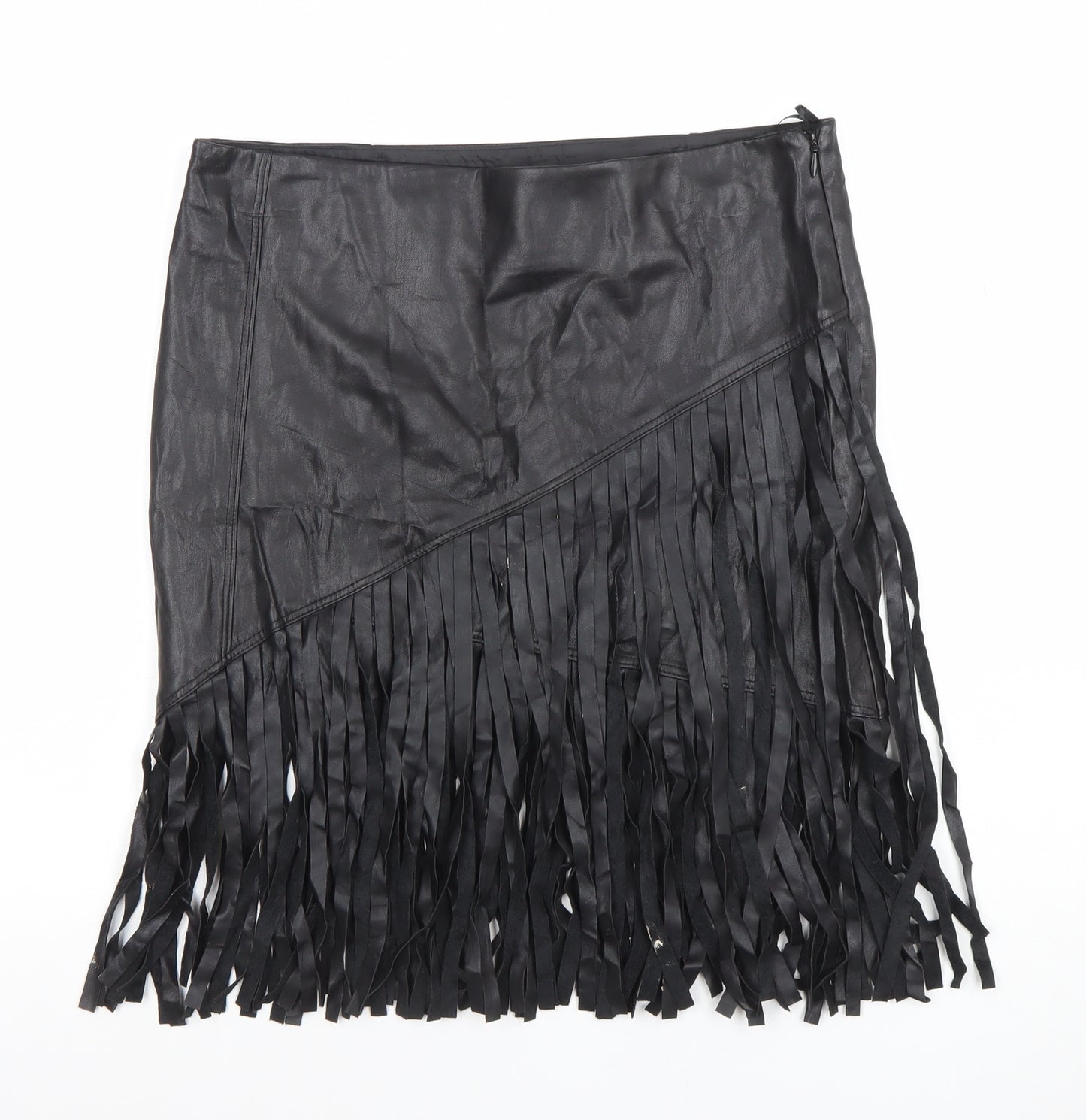 River Island Womens Black Faux Leather Fringe Mini Skirt Size 10
