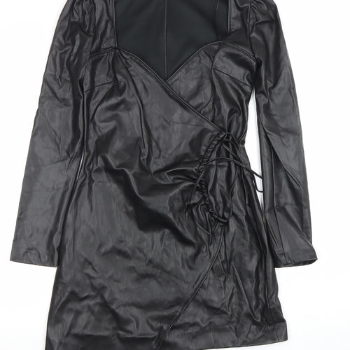 ZARA Women Black Faux Leather Wrap Mini Dress XS Long Sleeve