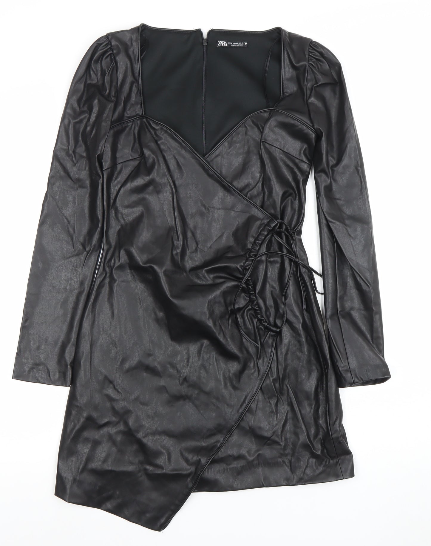 ZARA Women Black Faux Leather Wrap Mini Dress XS Long Sleeve