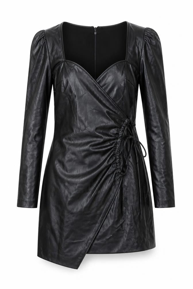 ZARA Women Black Faux Leather Wrap Mini Dress XS Long Sleeve