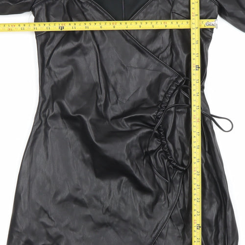 ZARA Women Black Faux Leather Wrap Mini Dress XS Long Sleeve