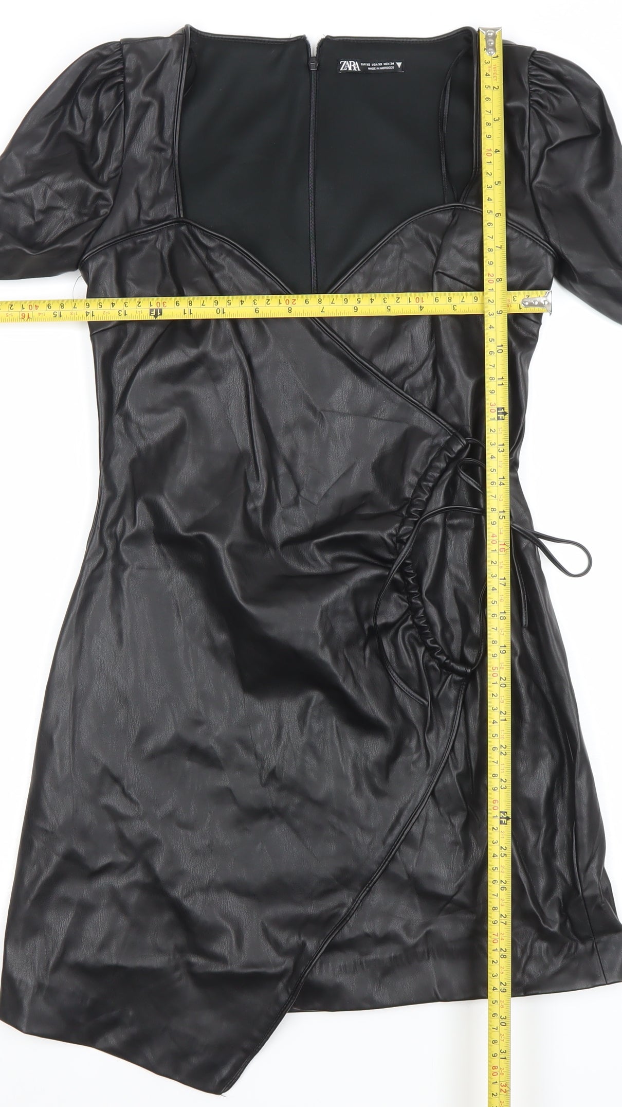 ZARA Women Black Faux Leather Wrap Mini Dress XS Long Sleeve