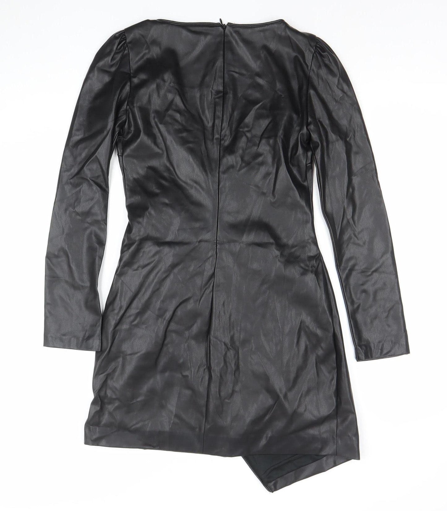 ZARA Women Black Faux Leather Wrap Mini Dress XS Long Sleeve