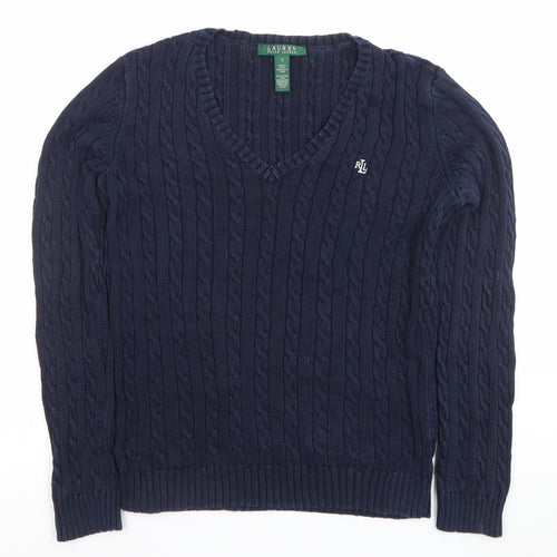 Ralph Lauren Men’s Blue Cable-Knit Cotton V-Neck Jumper Size S