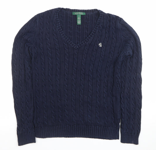 Ralph Lauren Men’s Blue Cable-Knit Cotton V-Neck Jumper Size S