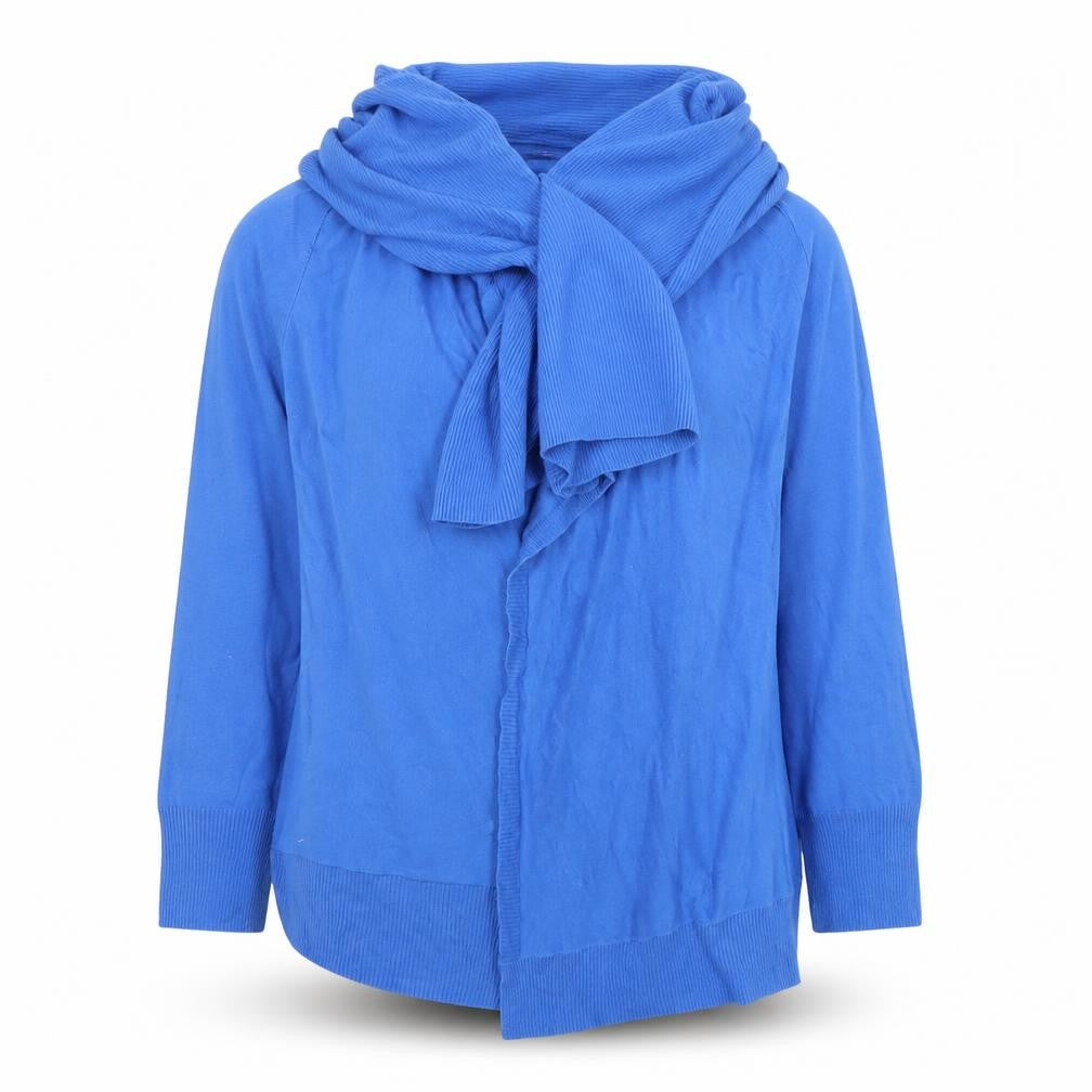 Front view of Monsoon women’s blue cotton knit open cardigan, size S