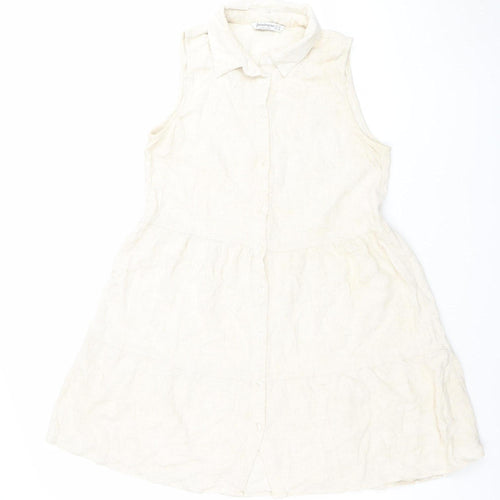 Stradivarius Women Ivory Sleeveless Shirt Dress S Lightweight Linen