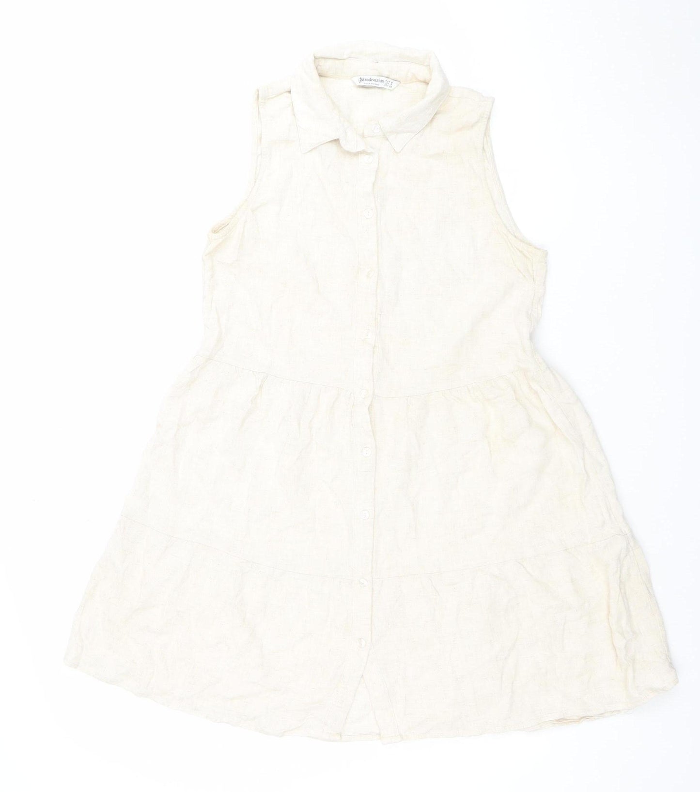 Stradivarius Women Ivory Sleeveless Shirt Dress S Lightweight Linen