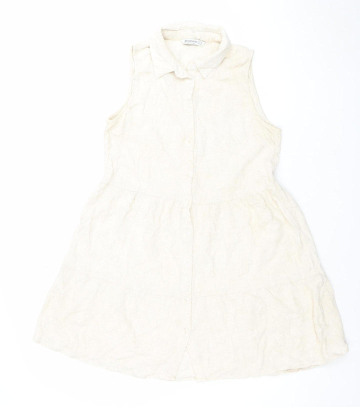 Stradivarius Women Ivory Sleeveless Shirt Dress S Lightweight Linen