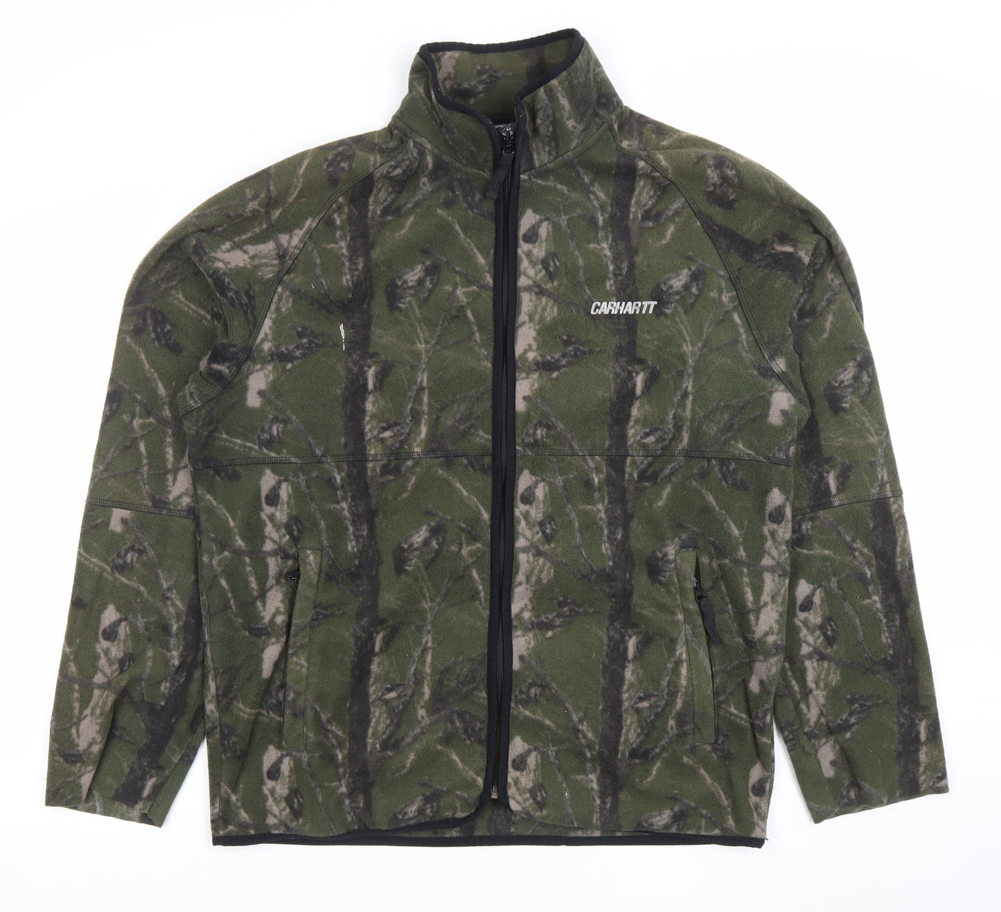 Carhartt Men Green Camouflage Fleece Jacket L Relaxed Fit Outdoor Zip