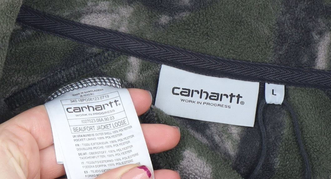 Carhartt Men Green Camouflage Fleece Jacket L Relaxed Fit Outdoor Zip