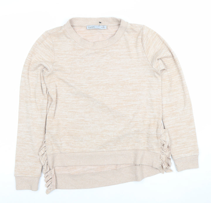 Oasis Womens Beige XS Crew Neck Pullover Jumper with Ruffle Detail