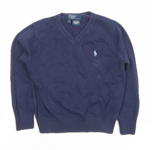 Ralph Lauren Boys Blue Cotton V-Neck Pullover Jumper Size 4 Years