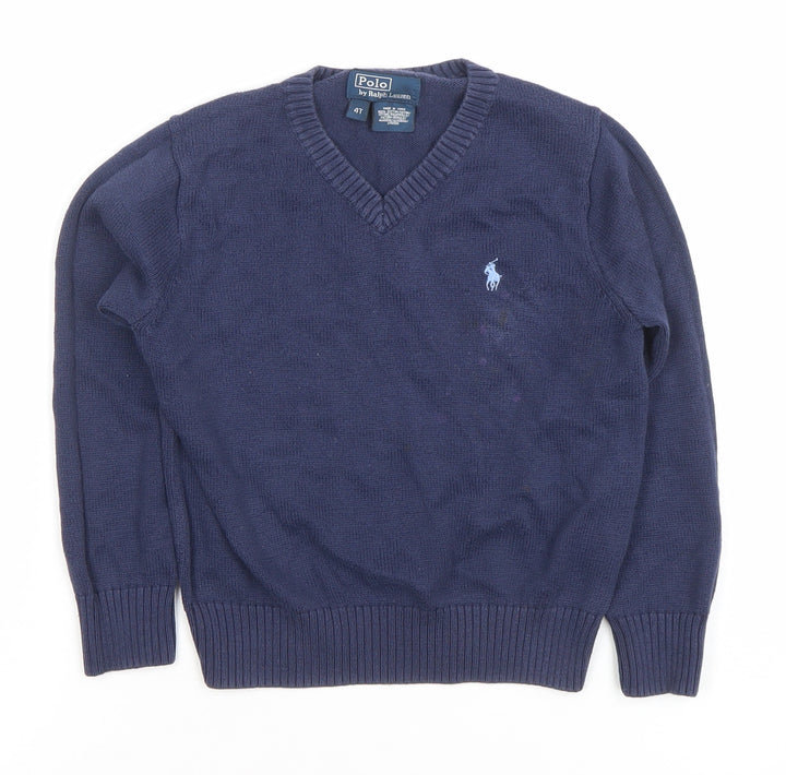Ralph Lauren Boys Blue Cotton V-Neck Pullover Jumper Size 4 Years