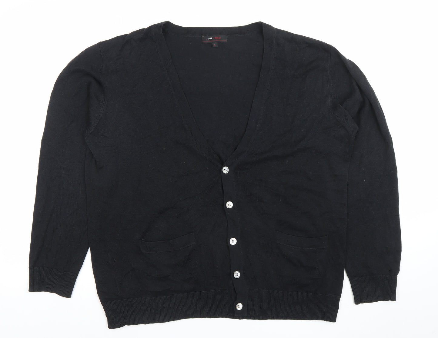 AR RED Men's Black Silk Cotton V-Neck Cardigan L