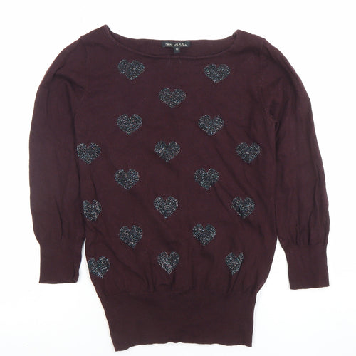Next Women Brown Heart Knit Long Sleeve Boat Neck Blouse Size 10