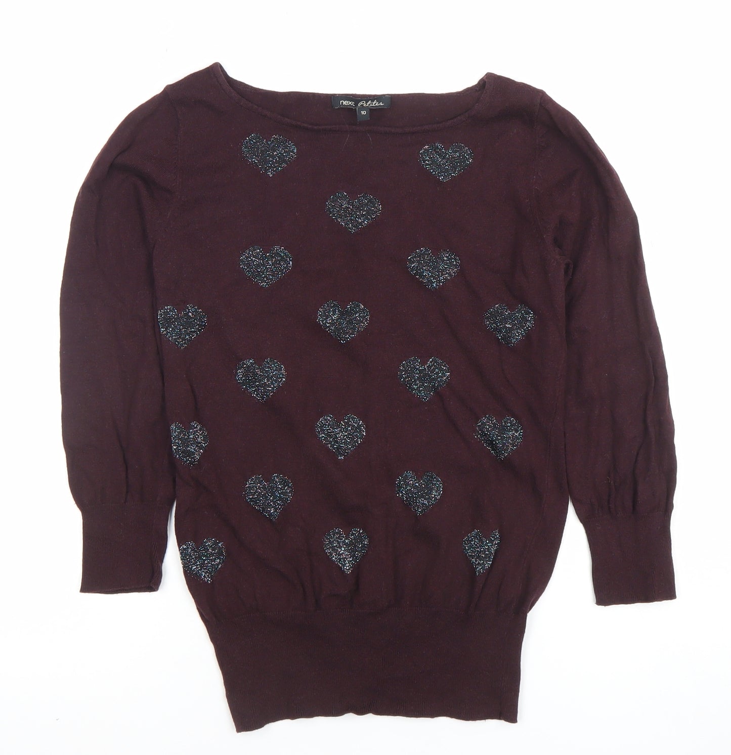 Next Women Brown Heart Knit Long Sleeve Boat Neck Blouse Size 10