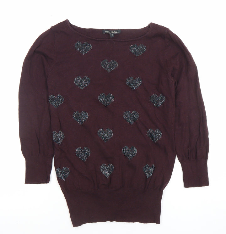 Next Women Brown Heart Knit Long Sleeve Boat Neck Blouse Size 10