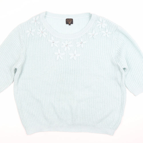 Luxe Knitwear Women's Blue 3/4 Sleeve Flower Embroidered Jumper L