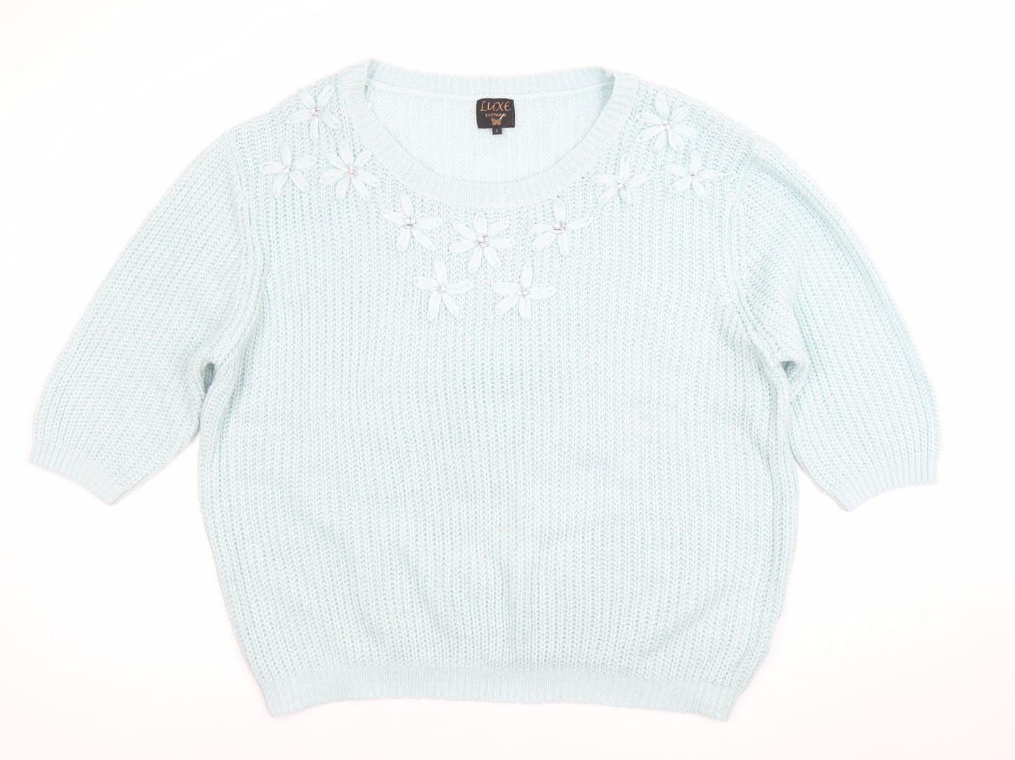 Luxe Knitwear Women's Blue 3/4 Sleeve Flower Embroidered Jumper L