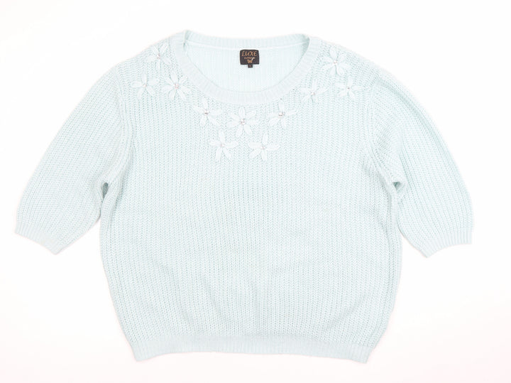 Luxe Knitwear Women's Blue 3/4 Sleeve Flower Embroidered Jumper L