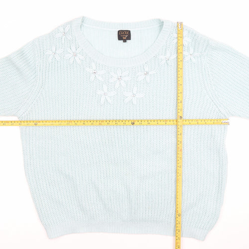 Luxe Knitwear Women's Blue 3/4 Sleeve Flower Embroidered Jumper L