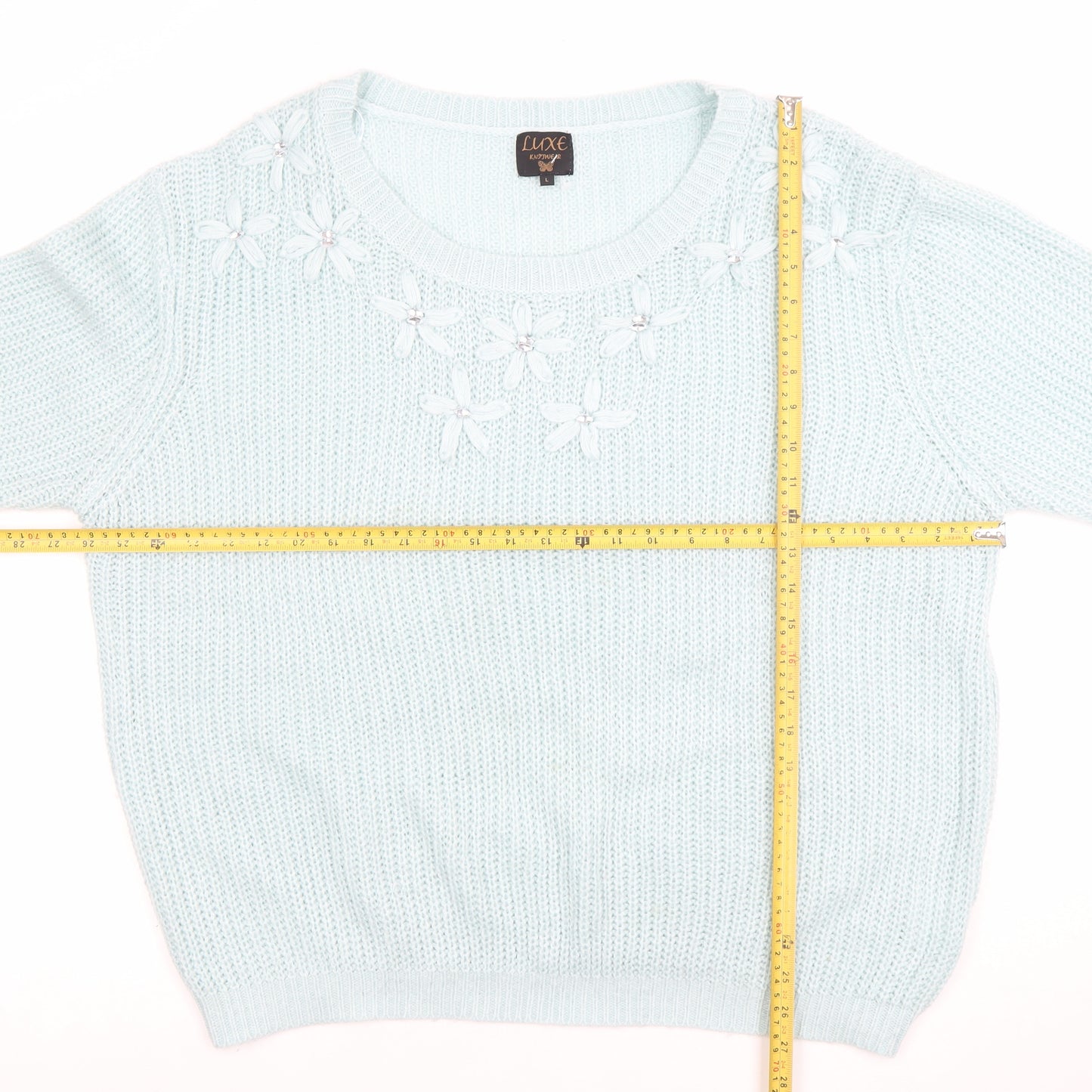 Luxe Knitwear Women's Blue 3/4 Sleeve Flower Embroidered Jumper L