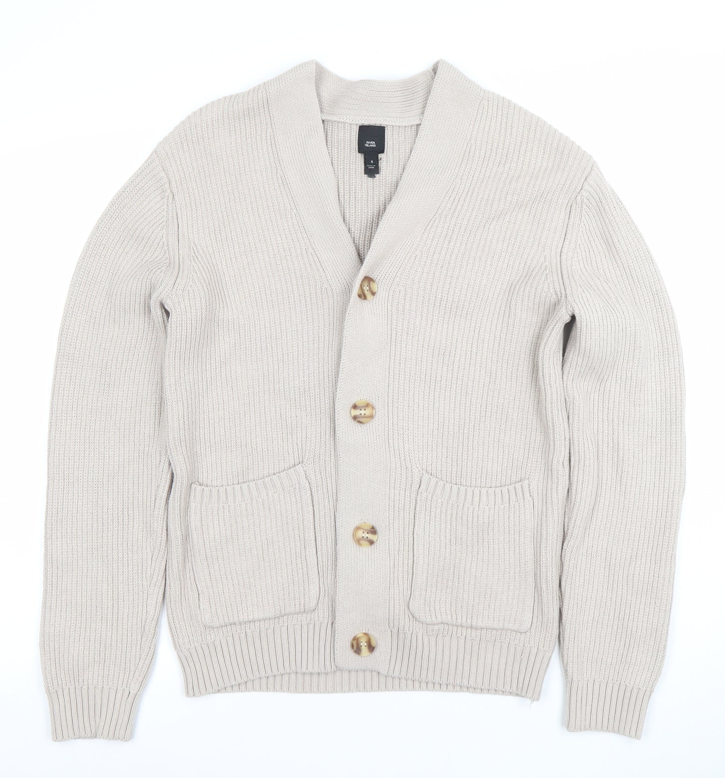 River Island Men's Beige Cotton Knit Cardigan Jumper Size S