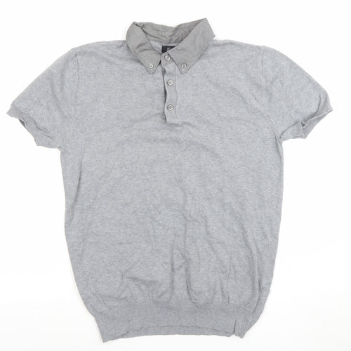 F&F Men's Grey Short Sleeve Button-Down Knit Collar Polo Shirt Size S