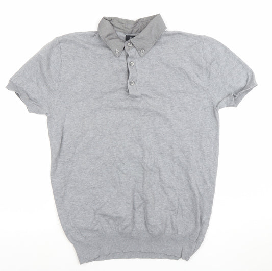 F&F Men's Grey Short Sleeve Button-Down Knit Collar Polo Shirt Size S