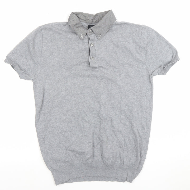 F&F Men's Grey Short Sleeve Button-Down Knit Collar Polo Shirt Size S