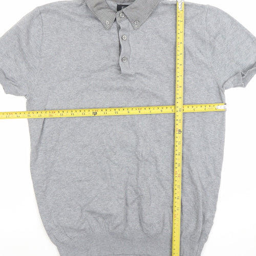 F&F Men's Grey Short Sleeve Button-Down Knit Collar Polo Shirt Size S