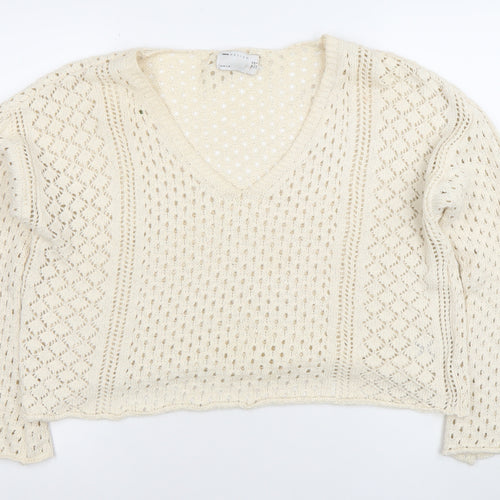 ASOS DESIGN Women’s Ivory Open-Knit V-Neck Cotton Jumper Size 10