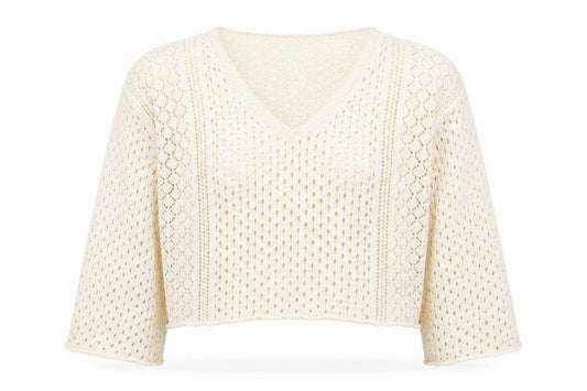 Front view of ASOS DESIGN Women’s Ivory Open-Knit V-Neck Cotton Jumper, size UK 10