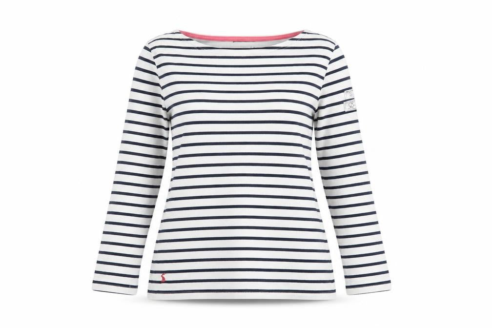 Joules Women's White Navy Striped Boat Neck Long Sleeve Cotton T-Shirt Size 10