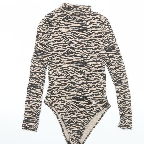 I Saw It First Women’s Beige Black Animal Print Long Sleeve Bodysuit Size 6