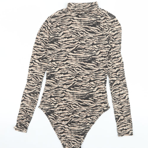 I Saw It First Women’s Beige Black Animal Print Long Sleeve Bodysuit Size 6
